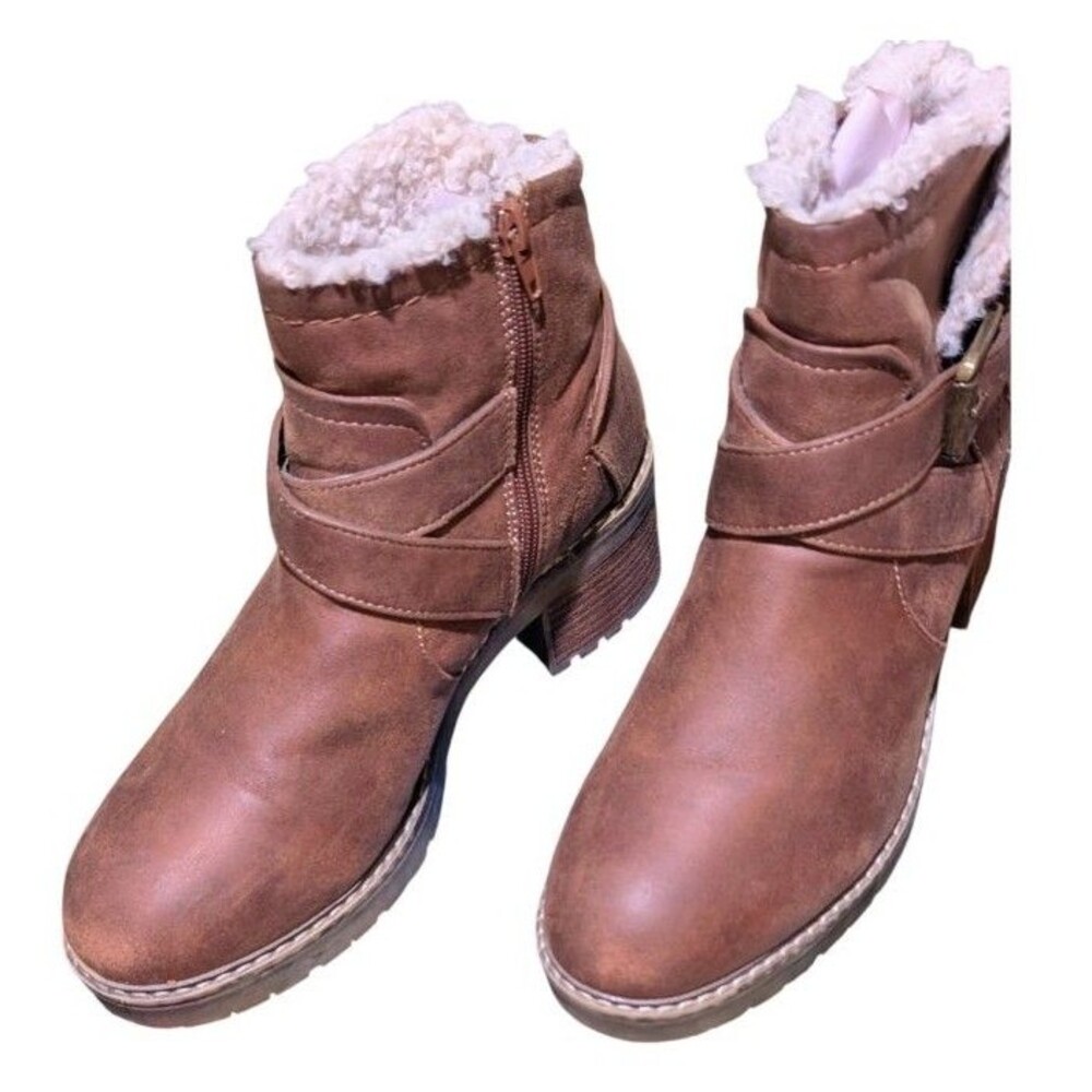 Crown Vintage Jolie Faux Fur Brown Ankle Boots Womens 9M Harness Buckle Zipper
